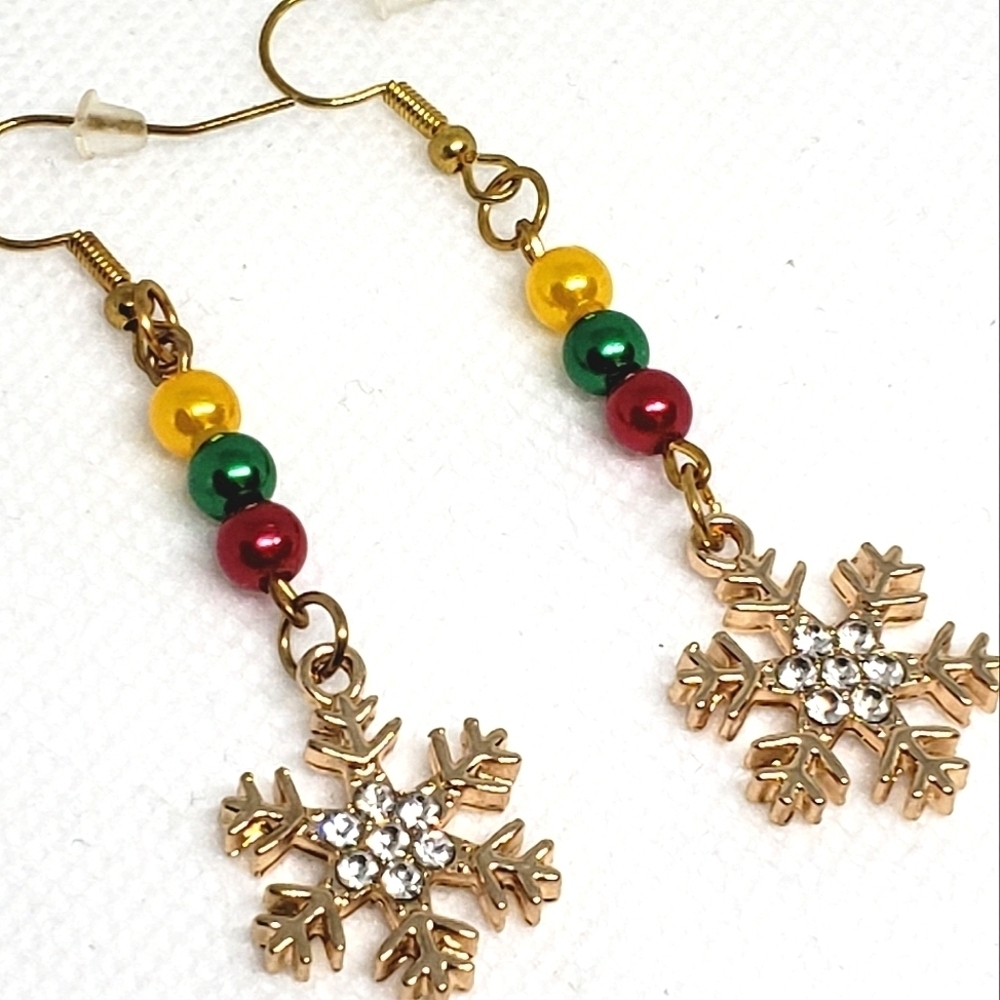 Handmade Gold Metal Beaded Christmas Rhinestone Snowflake Dangle Earrings